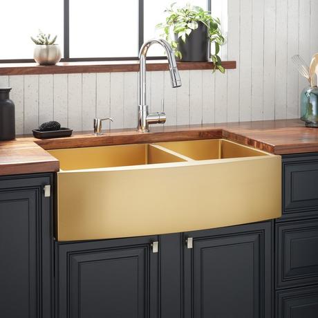 36" Atlas 60/40 Offset Double-Bowl Stainless Steel Farmhouse Sink - Curved Apron - Matte Gold